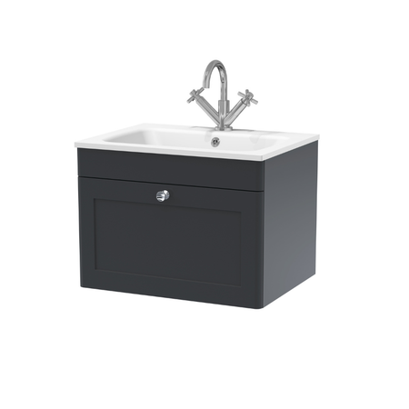 Nuie Classique 600mm Wall Hung 1 Drawer Vanity Basin Unit & 1 Tap Hole Stone Basin (1 size, Soft Black) - Brand New Bathrooms