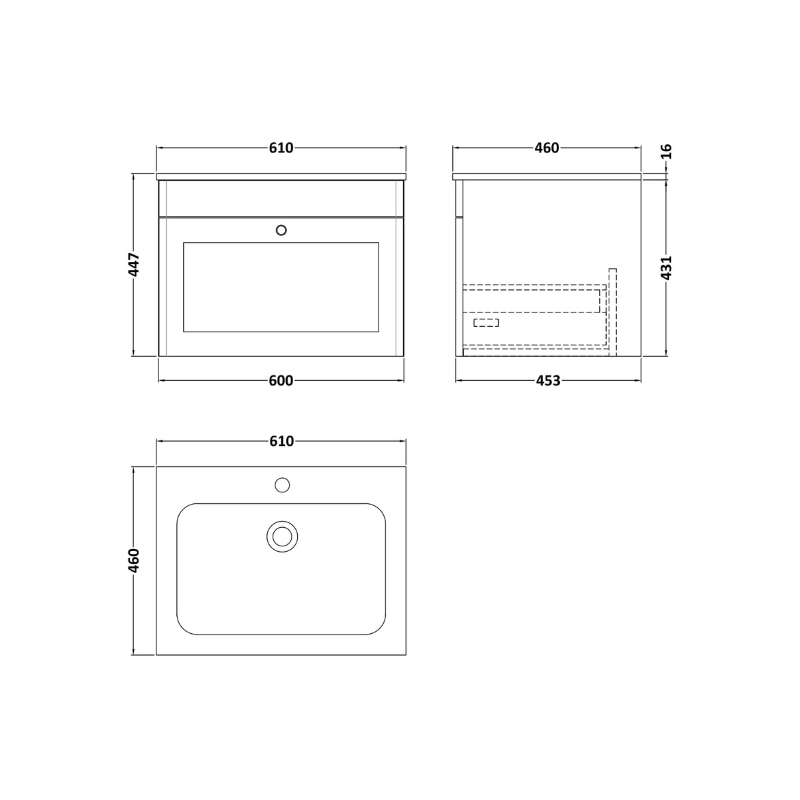 Nuie Classique 600mm Wall Hung 1 Drawer Vanity Basin Unit & 1 Tap Hole Stone Basin (1 size, Soft Black) - Brand New Bathrooms