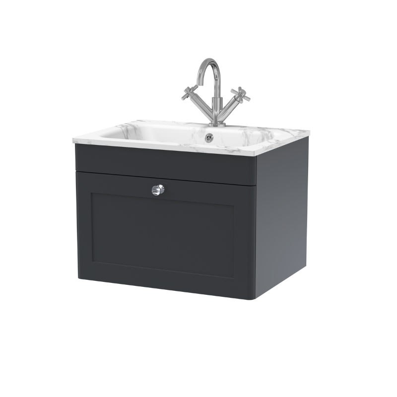 Nuie Classique 600mm Wall Hung 1 Drawer Vanity Basin Unit & 1 Tap Hole Stone Basin (1 size, Soft Black) - Brand New Bathrooms