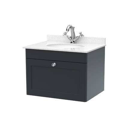 Nuie Classique 600mm Wall Hung 1 Drawer Unit & 1 Tap Hole Marble Top with Oval Basin (1 size, Soft Black) - Brand New Bathrooms