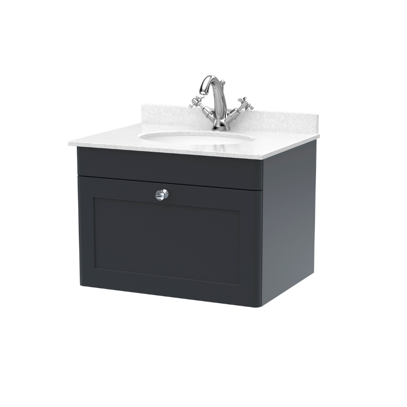 Nuie Classique 600mm Wall Hung 1 Drawer Unit & 1 Tap Hole Marble Top with Oval Basin (1 size, Soft Black) - Brand New Bathrooms