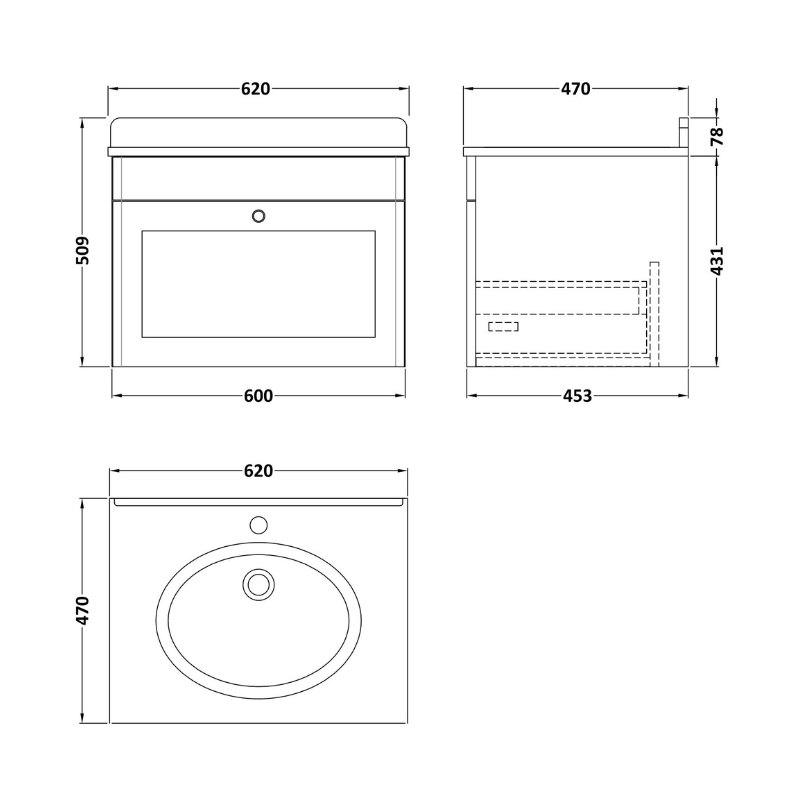 Nuie Classique 600mm Wall Hung 1 Drawer Unit & 1 Tap Hole Marble Top with Oval Basin (1 size, Soft Black) - Brand New Bathrooms