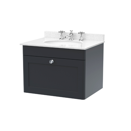 Nuie Classique 600mm Wall Hung 1 Drawer Vanity Unit with 3 Tap Hole Round Marble Basin (1 size, Soft Black) - Brand New Bathrooms
