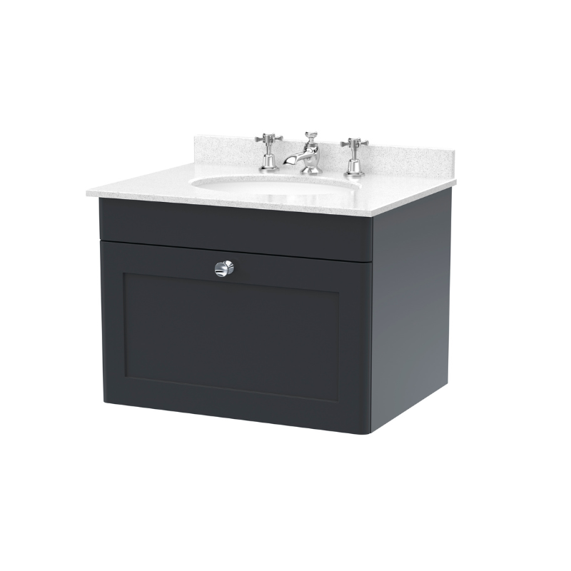 Nuie Classique 600mm Wall Hung 1 Drawer Vanity Unit with 3 Tap Hole Round Marble Basin (1 size, Soft Black) - Brand New Bathrooms