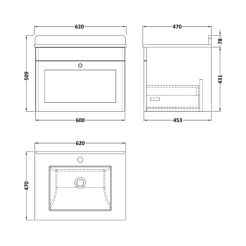 Nuie Classique 600mm Wall Hung 1 Drawer Vanity Unit with 1 Tap Hole Marble Top & Square Basin (1 size, Soft Black) - Brand New Bathrooms