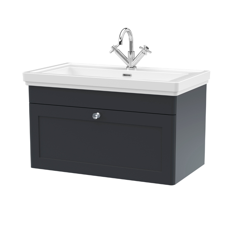 Nuie Classique 830mm Wall Hung 1 Drawer Vanity Unit With 1 Tap Hole Basin (1 size, Soft Black) - Brand New Bathrooms