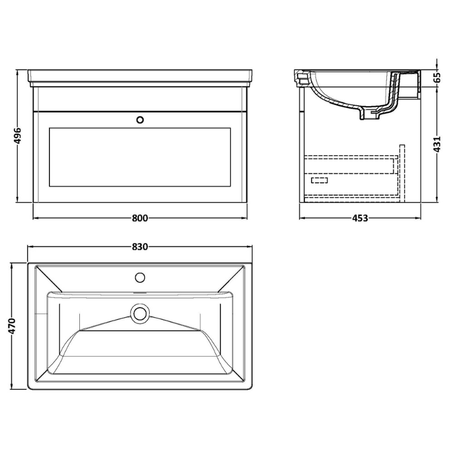 Nuie Classique 830mm Wall Hung 1 Drawer Vanity Unit With 1 Tap Hole Basin (1 size, Soft Black) - Brand New Bathrooms