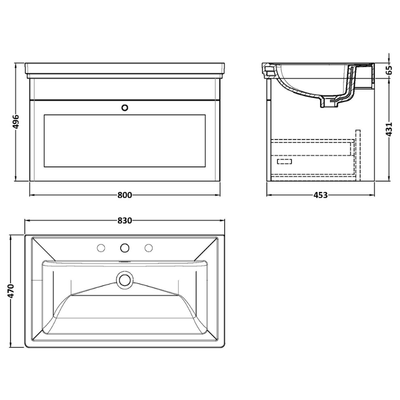 Nuie Classique 830mm Wall Hung 1 Drawer Vanity Unit With 3 Tap Hole Basin (1 size, Soft Black) - Brand New Bathrooms
