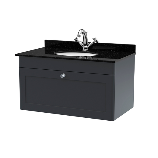 Nuie Classique 800mm Wall Hung Vanity Unit with Basin with 1 Tap Hole, Handle & Backsplash (1 size, Soft Black) - Brand New Bathrooms