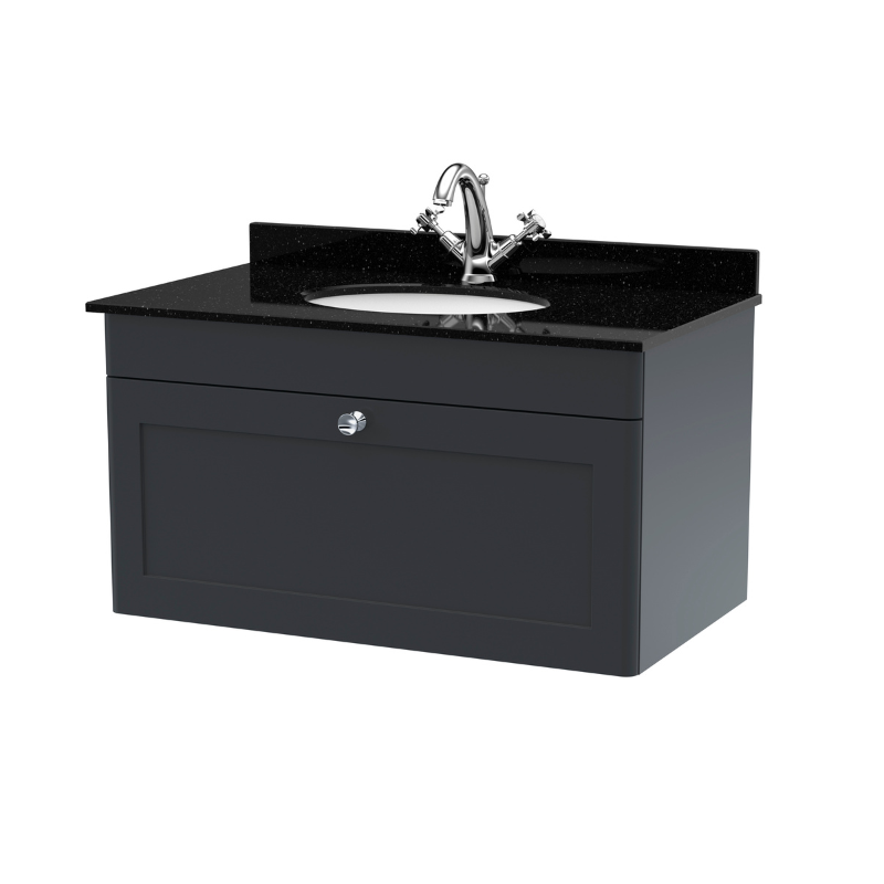 Nuie Classique 800mm Wall Hung Vanity Unit with Basin with 1 Tap Hole, Handle & Backsplash (1 size, Soft Black) - Brand New Bathrooms