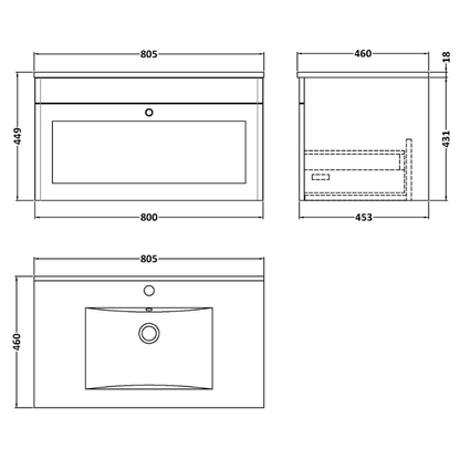 Nuie Classique 800mm Wall Hung Single Drawer Vanity with Basin - 1 Tap Hole (1 size, Soft Black) - Brand New Bathrooms