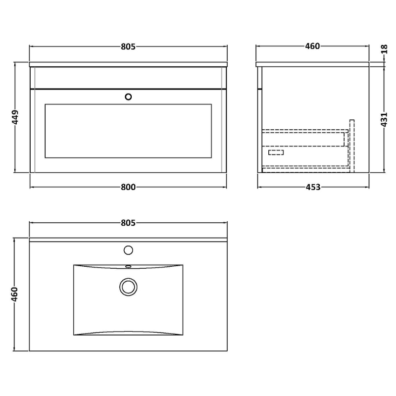 Nuie Classique 800mm Wall Hung Single Drawer Vanity with Basin - 1 Tap Hole (1 size, Soft Black) - Brand New Bathrooms