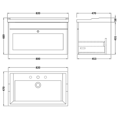 Nuie Classique 800mm Wall Hung 1 Drawer Vanity Unit With 3 Tap Hole Basin (1 size, Soft Black) - Brand New Bathrooms