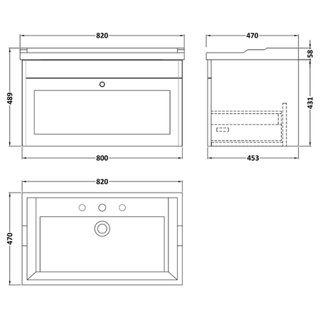 Nuie Classique 800mm Wall Hung 1 Drawer Vanity Unit With 3 Tap Hole Basin (1 size, Soft Black) - Brand New Bathrooms