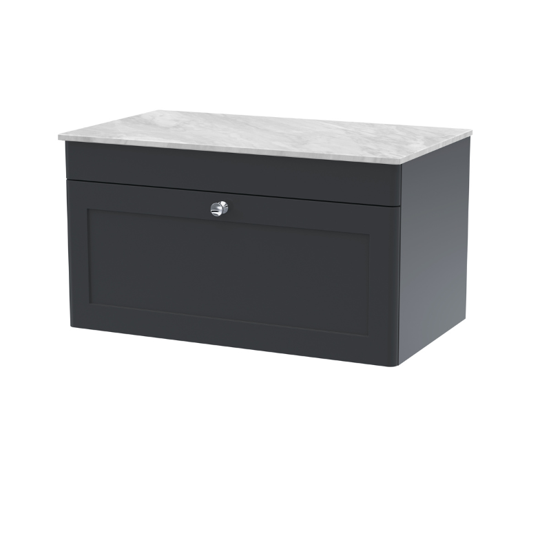 Nuie Classique 800mm Wall Hung Single Drawer Vanity with Marble Top (1 size, Soft Black) - Brand New Bathrooms