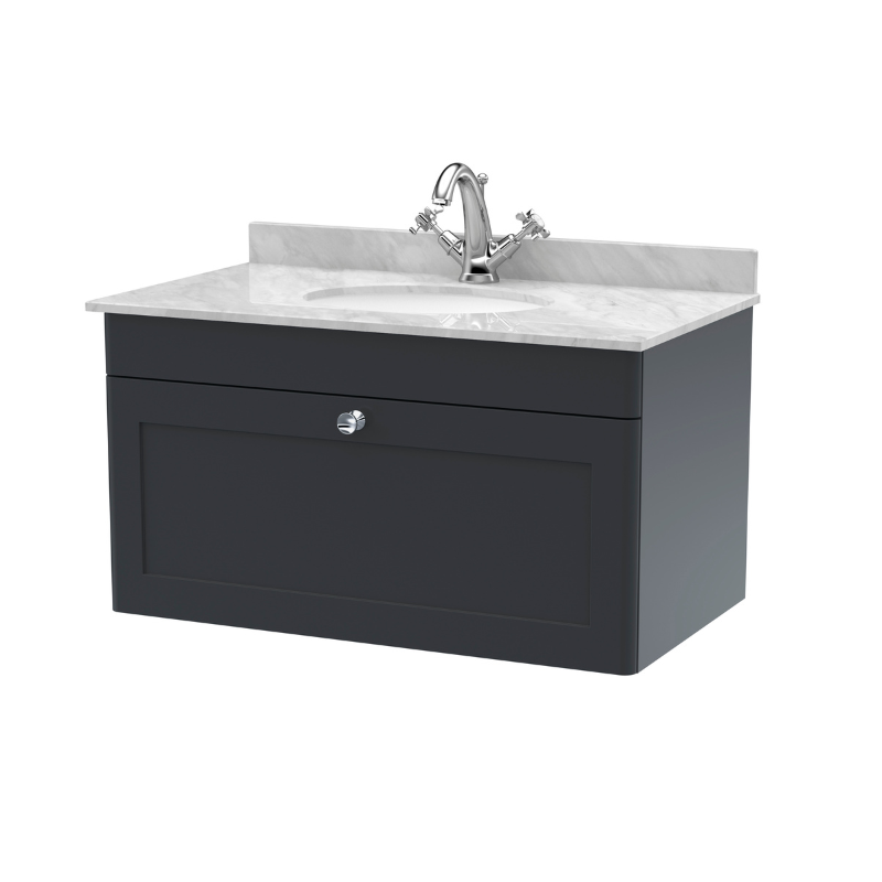 Nuie Classique 800mm Wall Hung 1 Drawer Vanity Unit with Marble Top, Basin, Handle & Backsplash (1 size, Soft Black) - Brand New Bathrooms