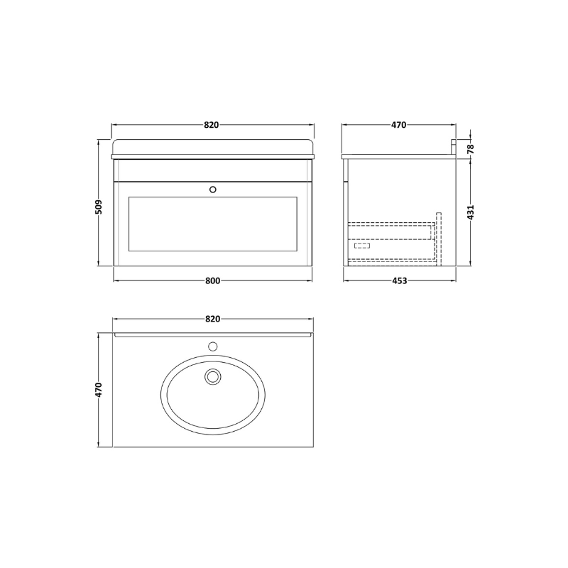 Nuie Classique 800mm Wall Hung 1 Drawer Vanity Unit with Marble Top, Basin, Handle & Backsplash (1 size, Soft Black) - Brand New Bathrooms