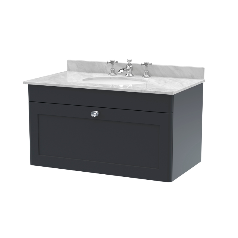 Nuie Classique 820mm Wall Hung 1 Drawer Vanity Unit with 3 Tap Hole Basin (1 size, Soft Black) - Brand New Bathrooms
