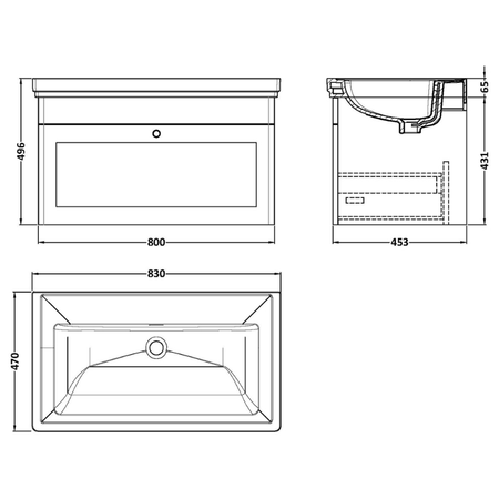 Nuie Classique 800mm Wall Hung 1 Drawer Vanity Unit with Basin (1 size, Soft Black) - Brand New Bathrooms