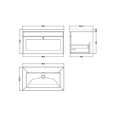 Nuie Classique 800mm Wall Hung Vanity Unit with Basin With Soft Close Drawer (1 size, Soft Black) - Brand New Bathrooms