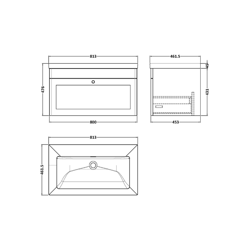 Nuie Classique 800mm Wall Hung Vanity Unit with Basin With Soft Close Drawer (1 size, Soft Black) - Brand New Bathrooms