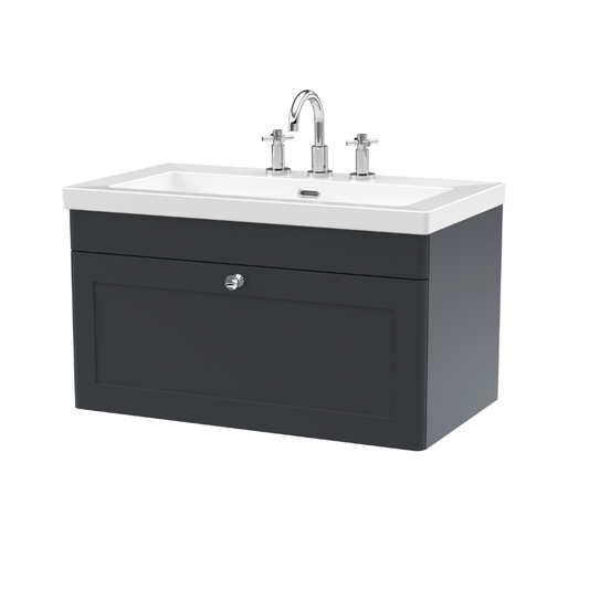 Nuie Classique 800mm Wall Hung Single Drawer Vanity with 3 Tap Hole Basin With Chrome Handle (1 size, Soft Black) - Brand New Bathrooms