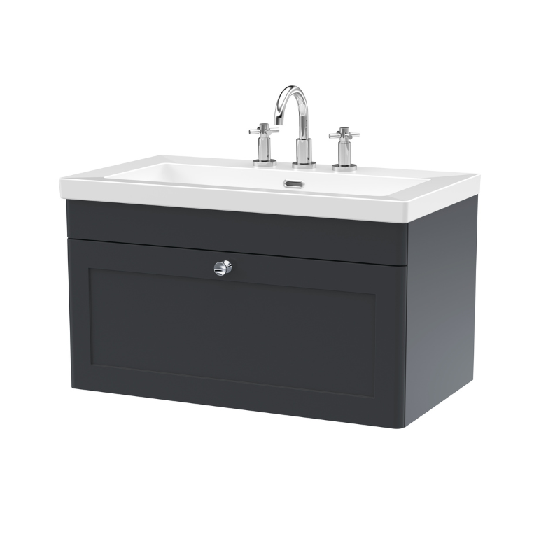 Nuie Classique 800mm Wall Hung Single Drawer Vanity with 3 Tap Hole Basin With Chrome Handle (1 size, Soft Black) - Brand New Bathrooms