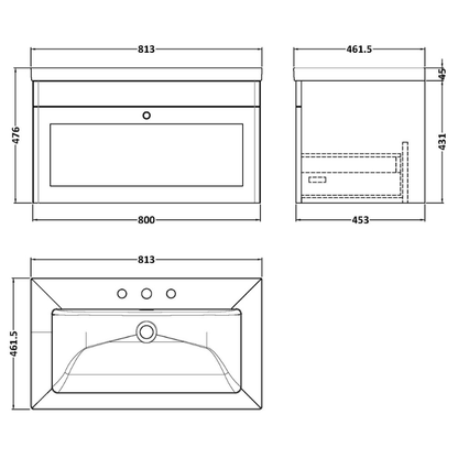 Nuie Classique 800mm Wall Hung Single Drawer Vanity with 3 Tap Hole Basin With Chrome Handle (1 size, Soft Black) - Brand New Bathrooms