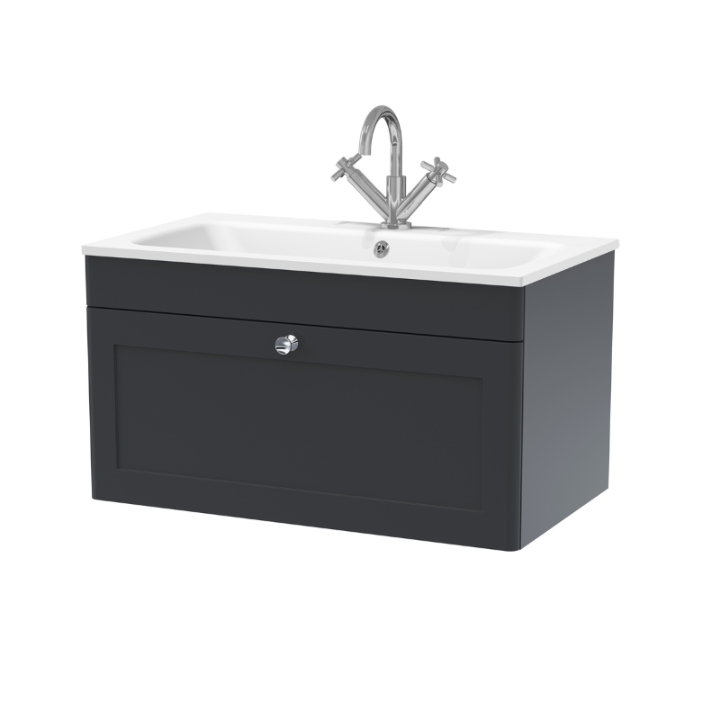 Nuie Classique 800mm Wall Hung 1 Drawer Vanity Basin Unit & 1 Tap Hole Stone Basin (1 size, Soft Black) - Brand New Bathrooms