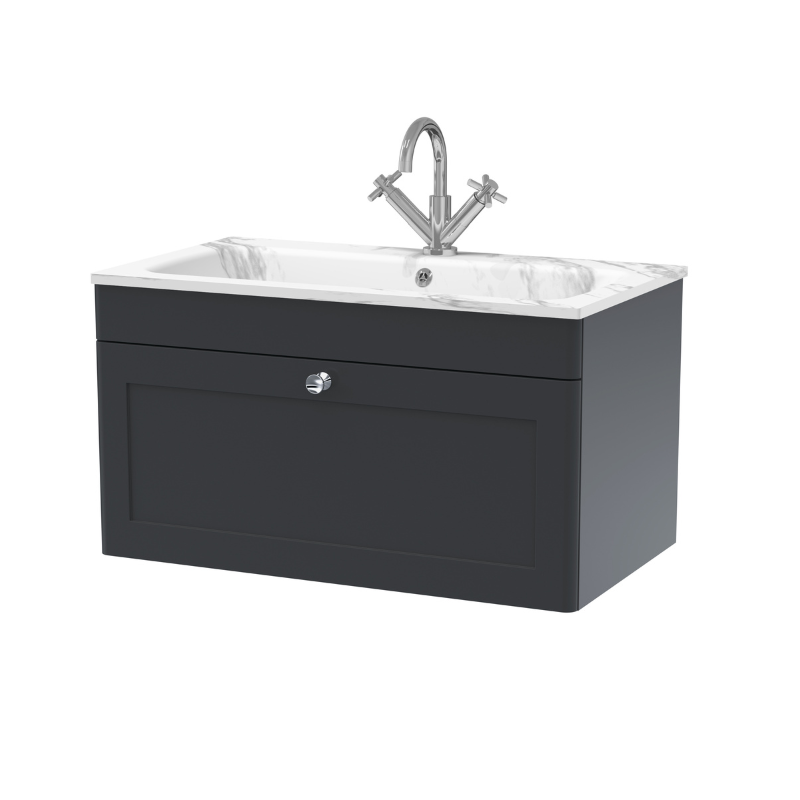 Nuie Classique 800mm Wall Hung 1 Drawer Vanity Basin Unit & 1 Tap Hole Stone Basin (1 size, Soft Black) - Brand New Bathrooms