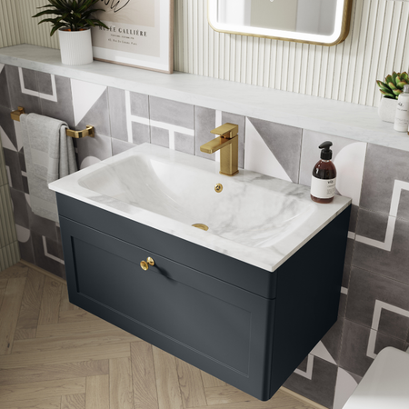 Nuie Classique 800mm Wall Hung 1 Drawer Vanity Basin Unit & 1 Tap Hole Stone Basin (1 size, Soft Black) - Brand New Bathrooms