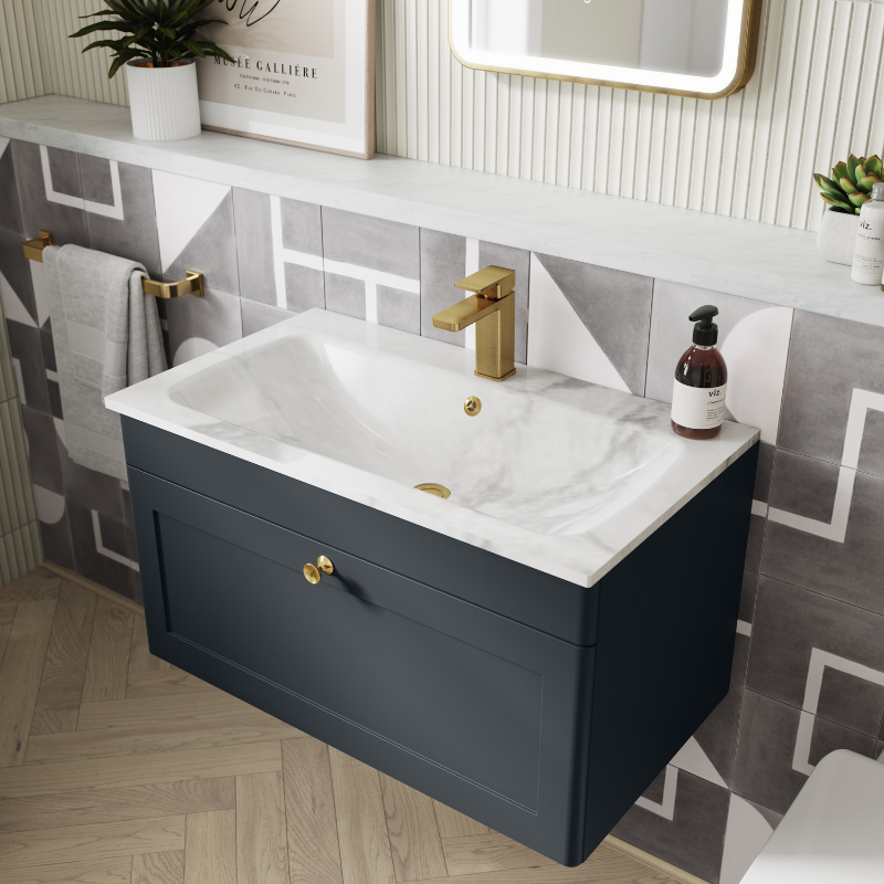 Nuie Classique 800mm Wall Hung 1 Drawer Vanity Basin Unit & 1 Tap Hole Stone Basin (1 size, Soft Black) - Brand New Bathrooms