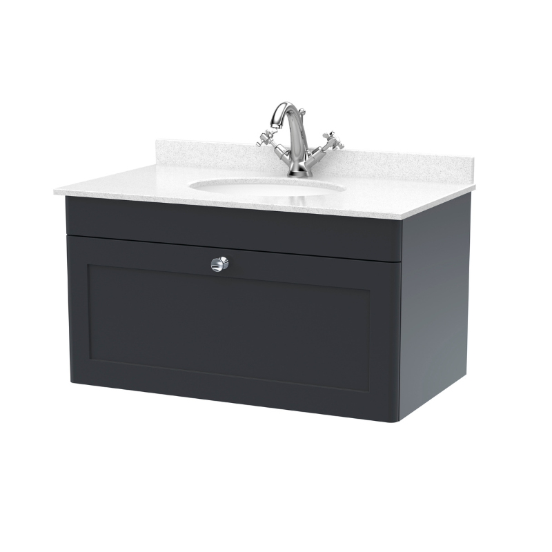 Nuie Classique 800mm Wall Hung 1 Drawer Unit & 1 Tap Hole Marble Top with Oval Basin (1 size, Soft Black) - Brand New Bathrooms