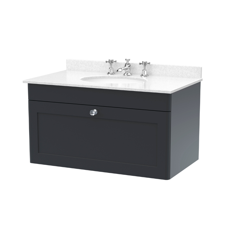 Nuie Classique 800mm Wall Hung 1 Drawer Vanity Unit With 3 Tap Hole Basin (1 size, Soft Black) - Brand New Bathrooms