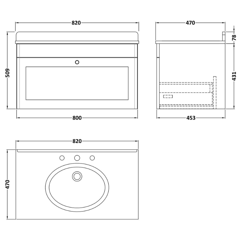 Nuie Classique 800mm Wall Hung 1 Drawer Vanity Unit With 3 Tap Hole Basin (1 size, Soft Black) - Brand New Bathrooms