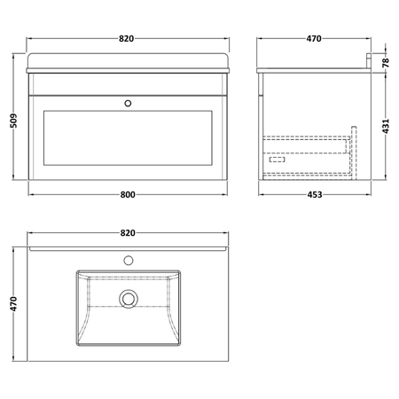 Nuie Classique 820mm Wall Hung 1 Drawer Vanity Unit With Basin With Backsplash (1 size, Soft Black) - Brand New Bathrooms