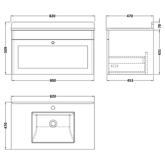 Nuie Classique 820mm Wall Hung 1 Drawer Vanity Unit With Basin With Backsplash (1 size, Soft Black) - Brand New Bathrooms