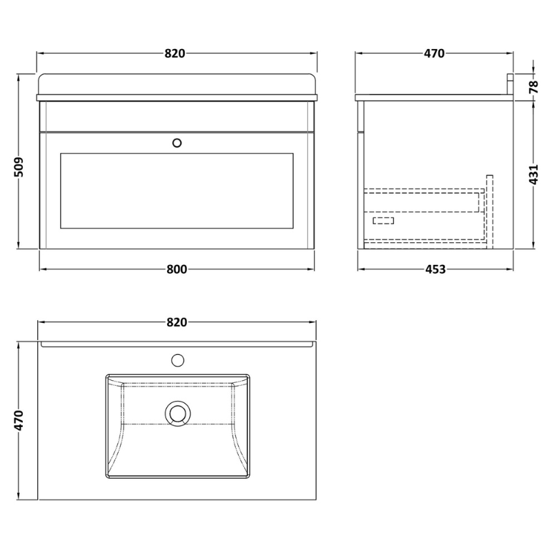 Nuie Classique 820mm Wall Hung 1 Drawer Vanity Unit With Basin With Backsplash (1 size, Soft Black) - Brand New Bathrooms