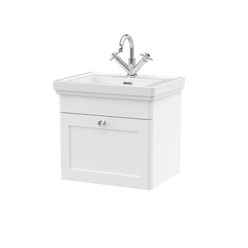 Nuie Classique 500mm Wall Hung Vanity Unit with 1 Drawer & 1 Tap Hole Basin (1 size, Satin White) - Brand New Bathrooms