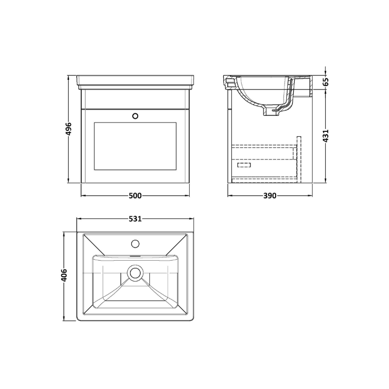 Nuie Classique 500mm Wall Hung Vanity Unit with 1 Drawer & 1 Tap Hole Basin (1 size, Satin White) - Brand New Bathrooms