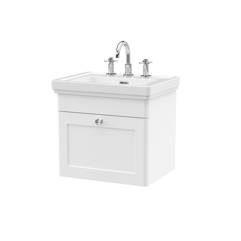 Nuie Classique 500mm Wall Hung 1 Drawer Vanity Unit with 3 Tap Hole Basin & Chrome Handle (1 size, Satin White) - Brand New Bathrooms