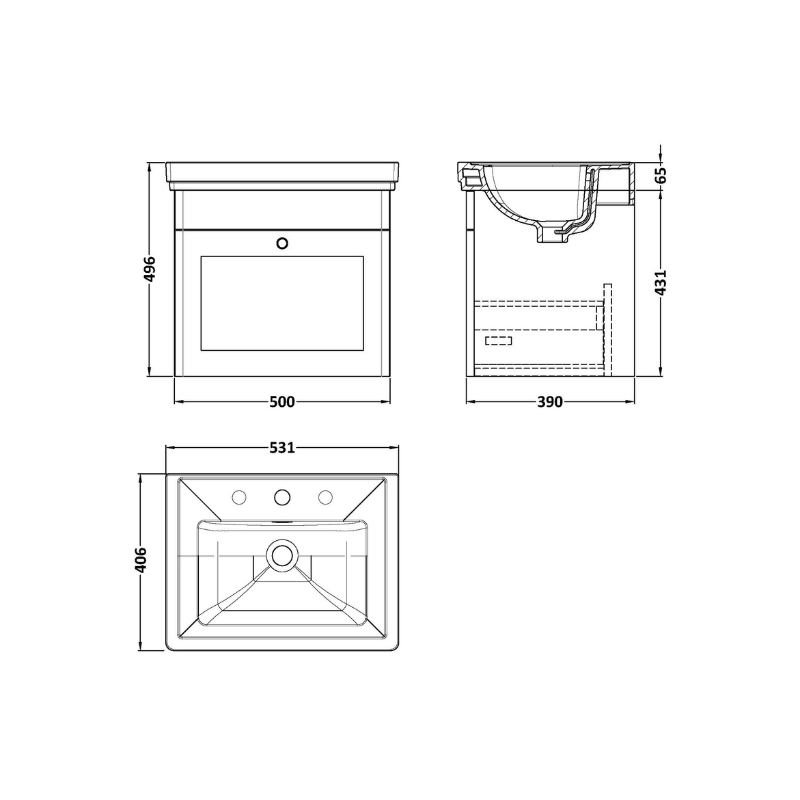 Nuie Classique 500mm Wall Hung 1 Drawer Vanity Unit with 3 Tap Hole Basin & Chrome Handle (1 size, Satin White) - Brand New Bathrooms