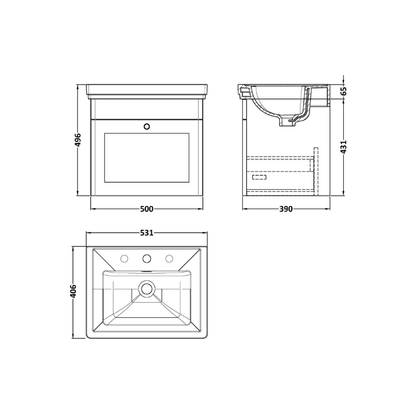 Nuie Classique 500mm Wall Hung 1 Drawer Vanity Unit with 3 Tap Hole Basin & Chrome Handle (1 size, Satin White) - Brand New Bathrooms