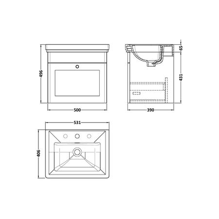 Nuie Classique 500mm Wall Hung 1 Drawer Vanity Unit with 3 Tap Hole Basin & Chrome Handle (1 size, Satin White) - Brand New Bathrooms