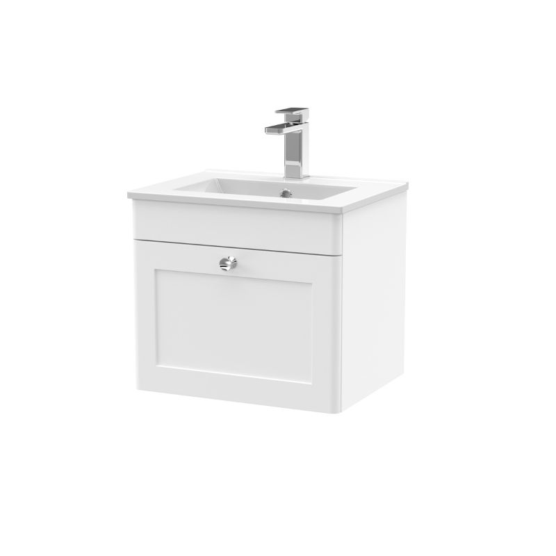 Nuie Classique 500mm Wall Hung 1 Drawer Vanity Unit Including Basin With Chrome Handle (1 size, Satin White) - Brand New Bathrooms