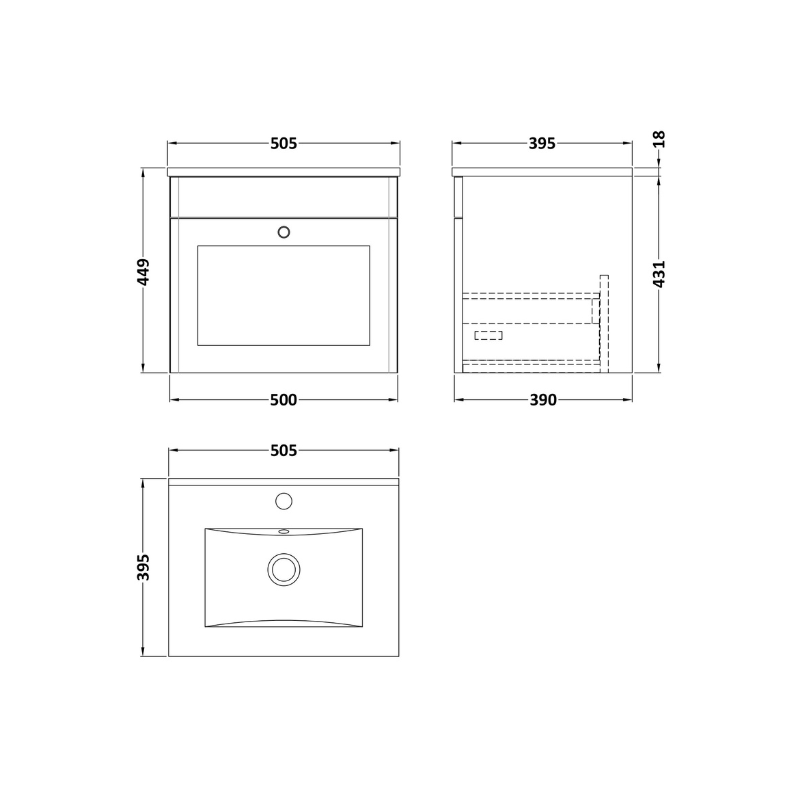 Nuie Classique 500mm Wall Hung 1 Drawer Vanity Unit Including Basin With Chrome Handle (1 size, Satin White) - Brand New Bathrooms