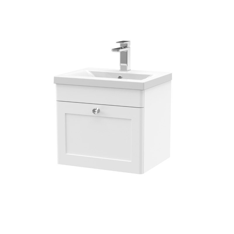 Nuie Classique 500mm Wall Hung 1 Drawer Vanity Unit with Basin (1 size, Satin White) - Brand New Bathrooms
