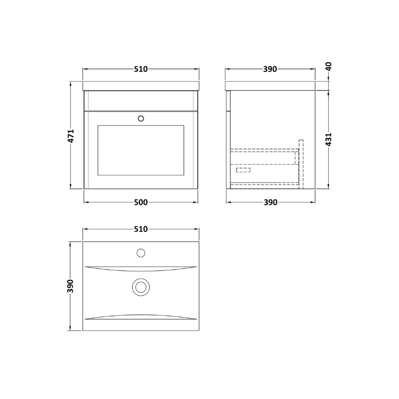 Nuie Classique 500mm Wall Hung 1 Drawer Vanity Unit with Basin (1 size, Satin White) - Brand New Bathrooms