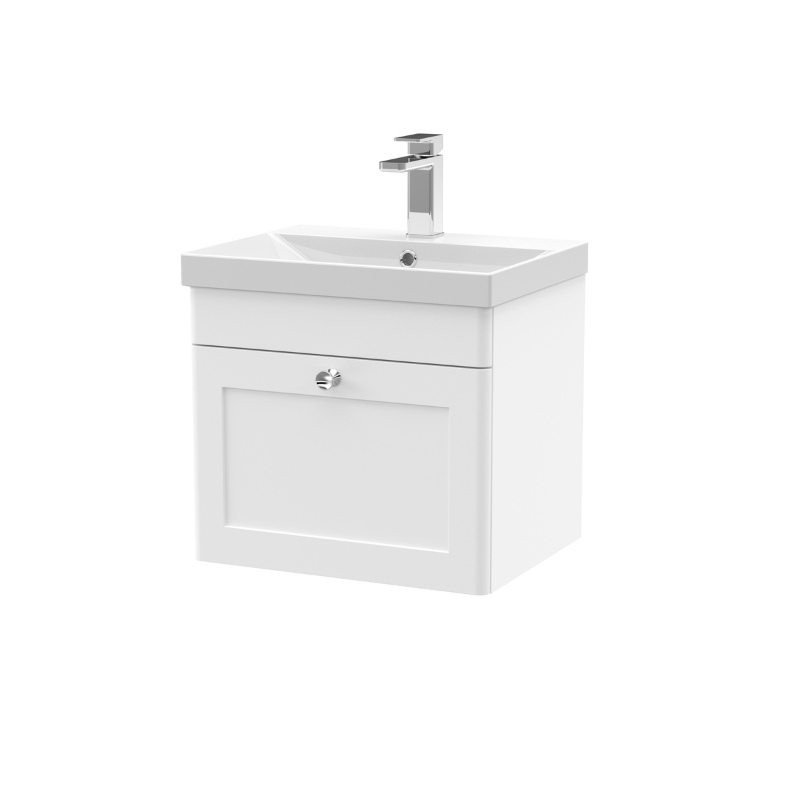 Nuie Classique 500mm Wall Hung 1 Soft Close Drawer Vanity Unit with Basin & Chrome Handle (1 size, Satin White) - Brand New Bathrooms