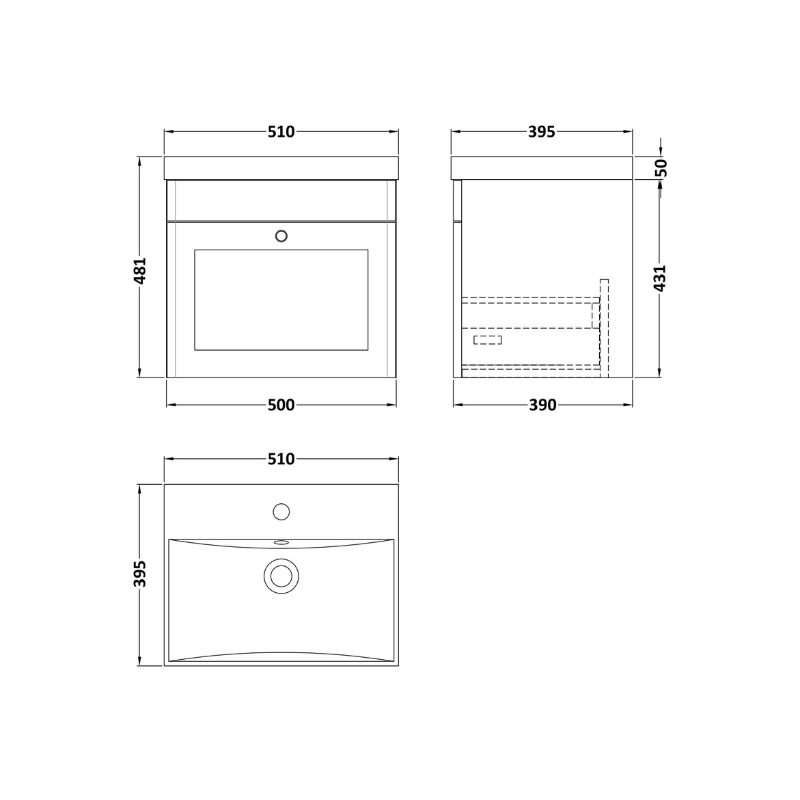 Nuie Classique 500mm Wall Hung 1 Soft Close Drawer Vanity Unit with Basin & Chrome Handle (1 size, Satin White) - Brand New Bathrooms